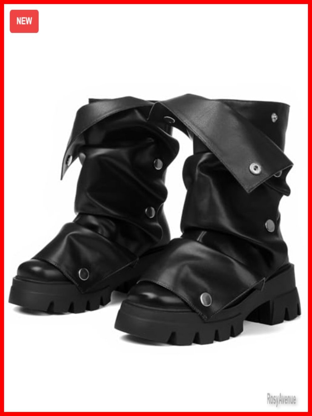 Slouchy Fold Over Mid Calf Chunky Platform Boots Round Toe Punk Motorcycle Boots